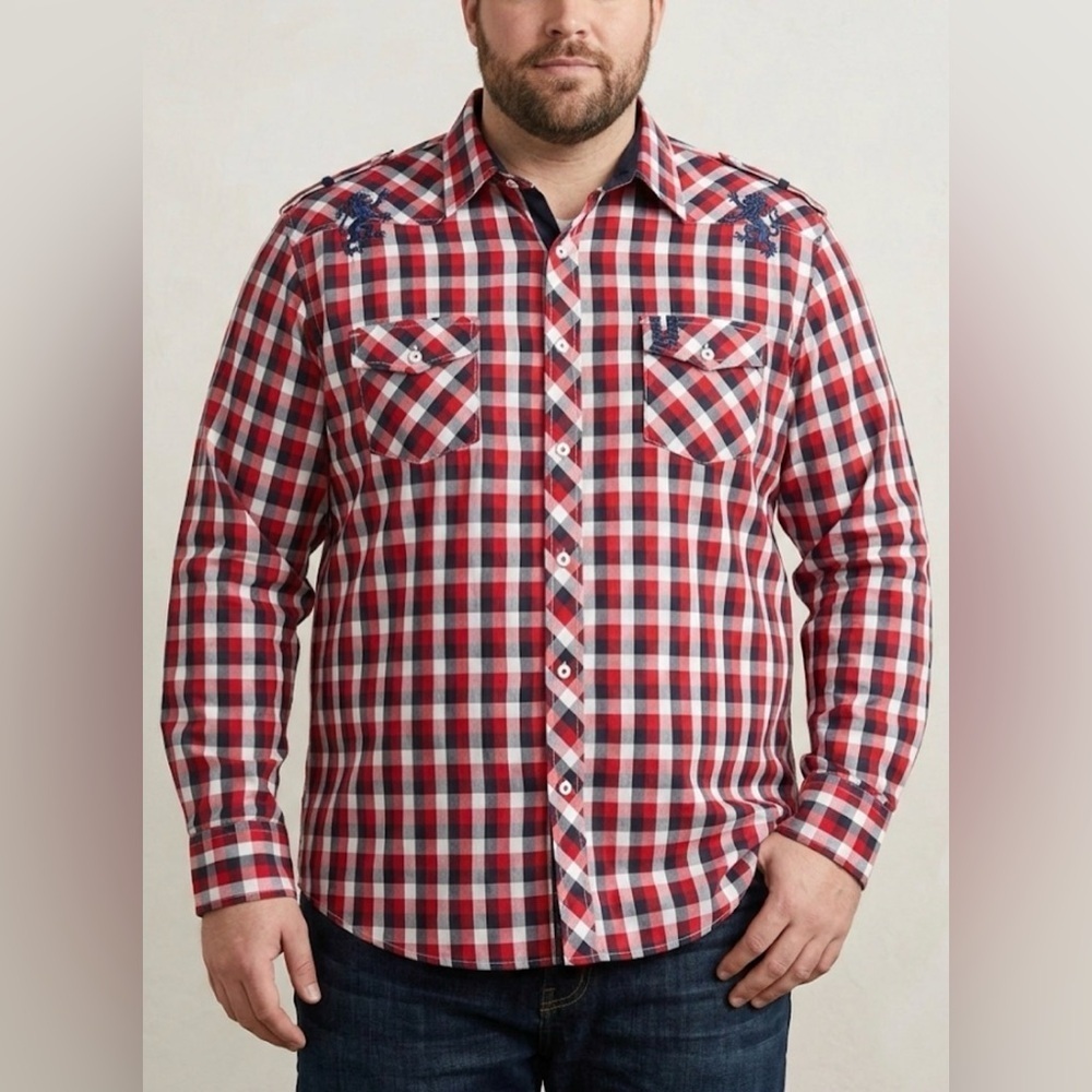English Laundry Red and Black Plaid Shirt W/Embroidery